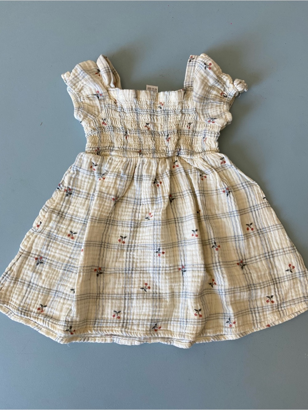 Modern Moments 2T Cream Smocked Casual Dress with Blue Plaid and Tiny Cherries